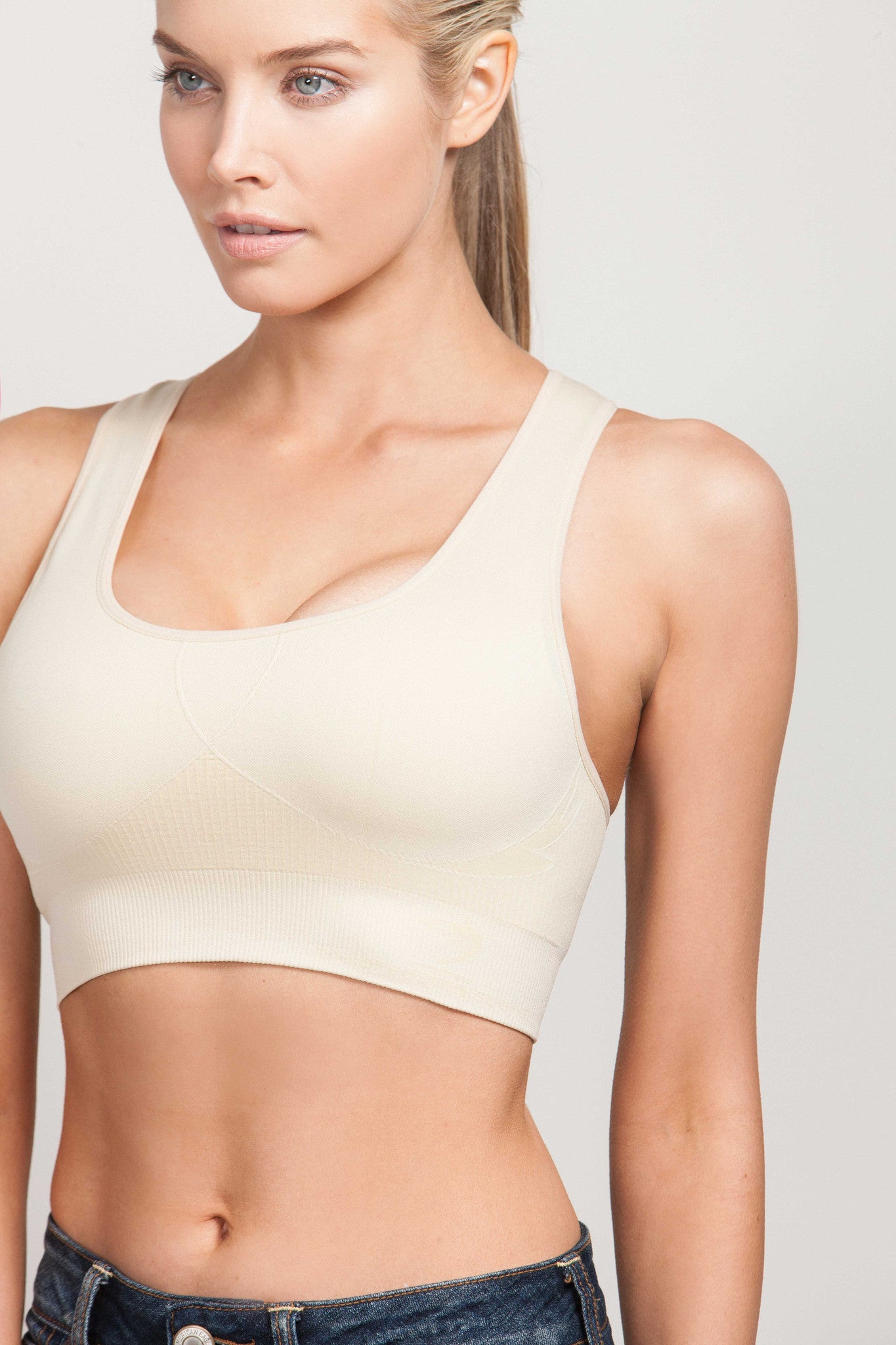 Breast Whisperer Bra for Augmented Women in Beige Front and Side