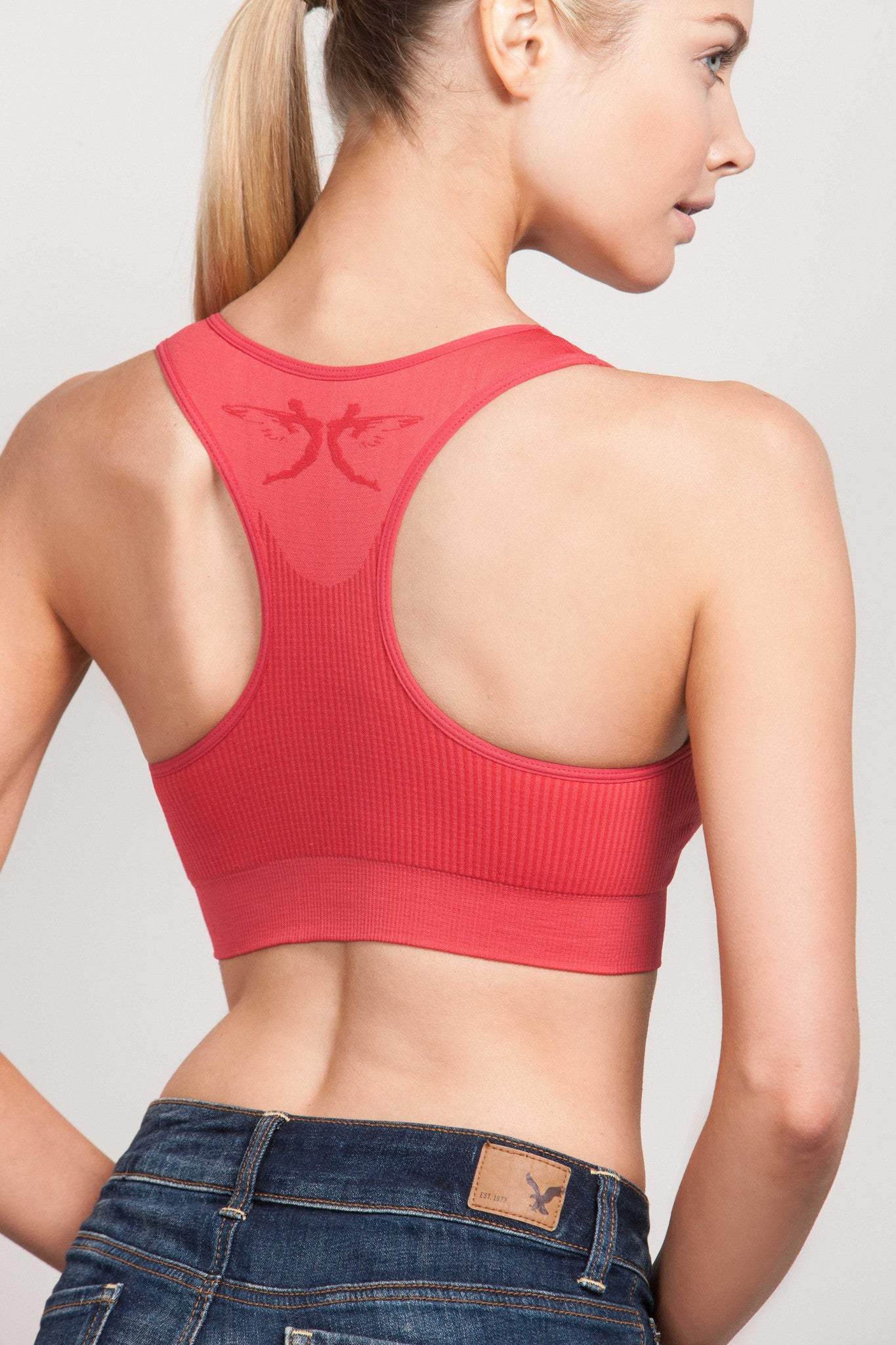Breast Whisperer Bra for Augmented Women in Coral Back Closeup